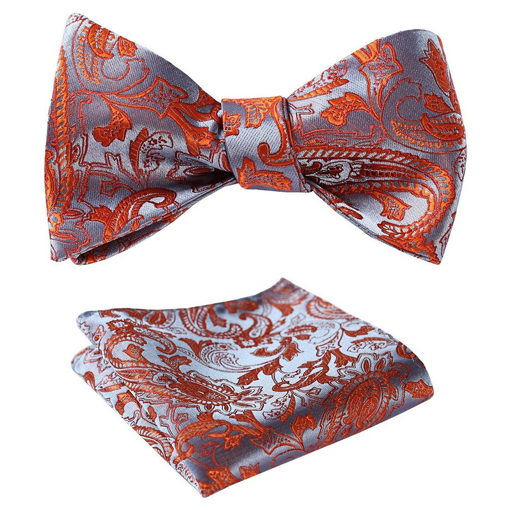 Red Brown Paisley Mens Silk Self tie Bow Tie with Pocket Squares Set - Amedeo Exclusive