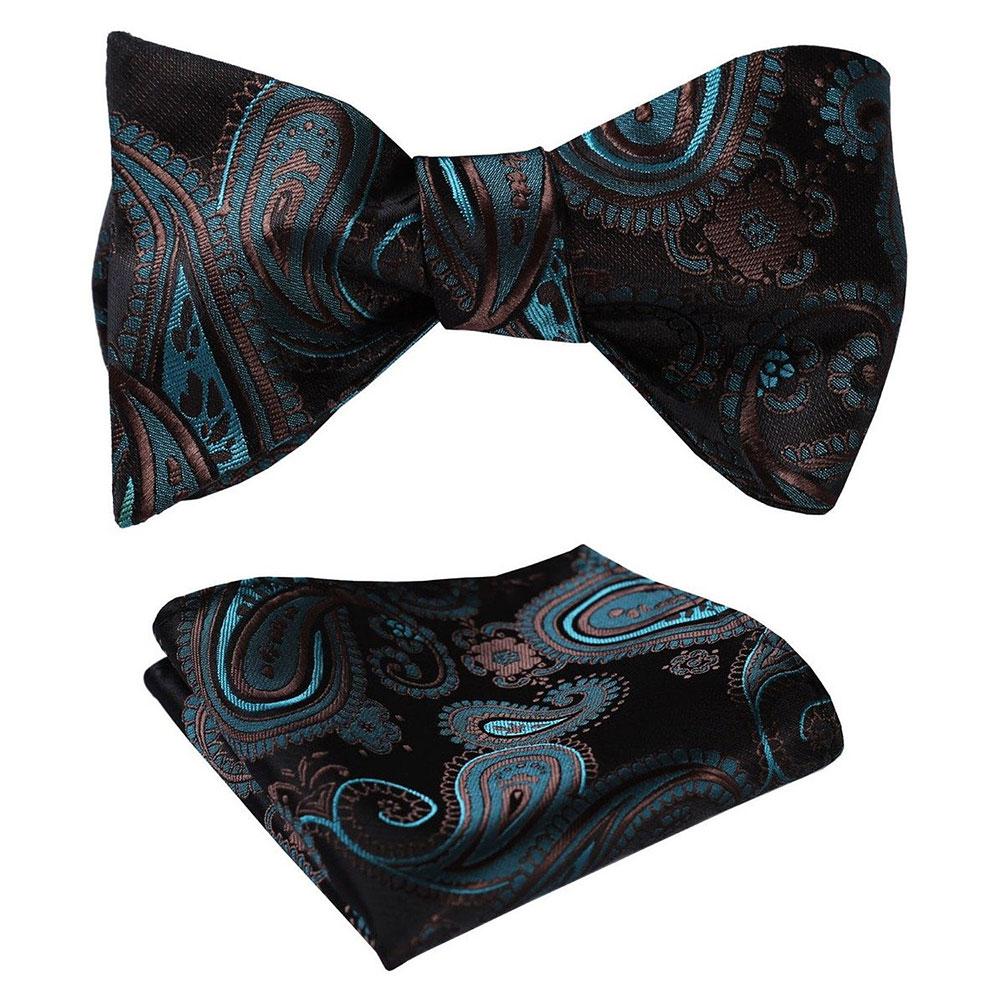 Black Mens Silk Self tie Bow Tie with Pocket Squares Set - Amedeo Exclusive