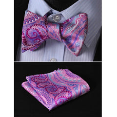 Purple Mens Silk Self tie Bow Tie with Pocket Squares Set - Amedeo Exclusive