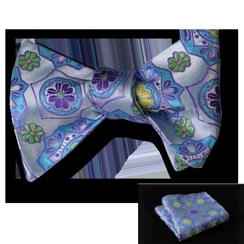Men's Blue and Yellow Floral Silk Self Tie Bow Tie with Pocket Handkerchief - Amedeo Exclusive