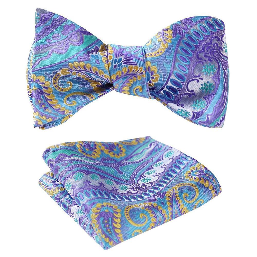 Men's Blue & Yellow Paisley Self Bow Tie & Pocket Handkerchief - Amedeo Exclusive