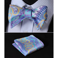 Men's Blue & Yellow Paisley Self Bow Tie & Pocket Handkerchief - Amedeo Exclusive
