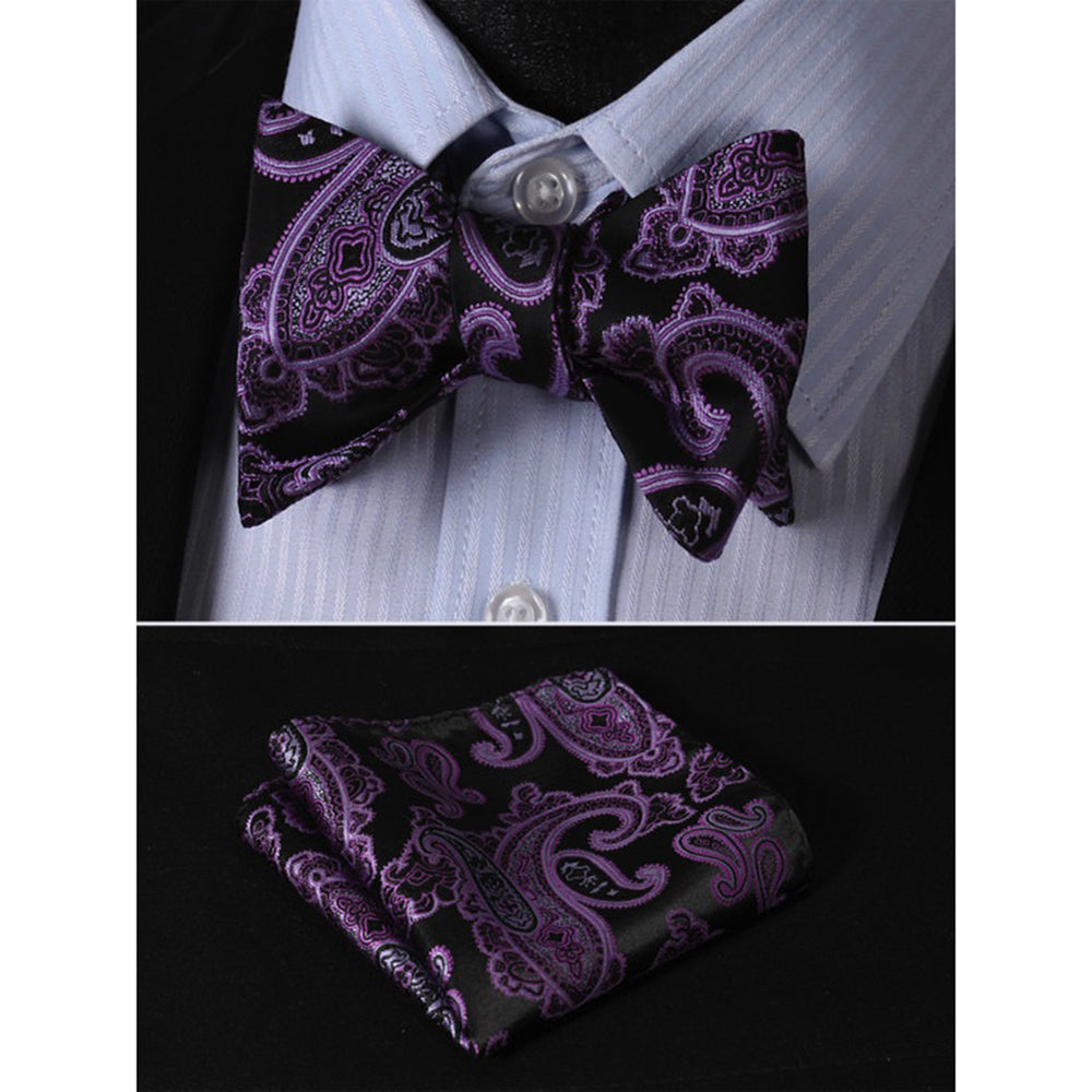 Men's Silk Purple Black Paisley Self Bow Tie & Pocket Handkerchief - Amedeo Exclusive