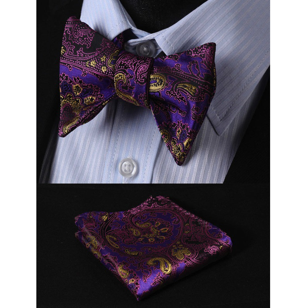 Purple & Yellow Mens Silk Self tie Bow Tie with Pocket Squares Set - Amedeo Exclusive