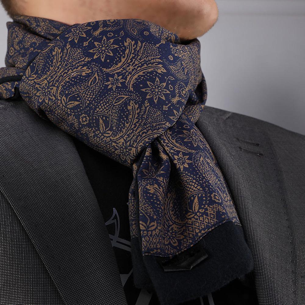 Unisex Blue Gold Paisley Soft Fashion Dress Scarves for Winter Made of Silk Blend - Amedeo Exclusive