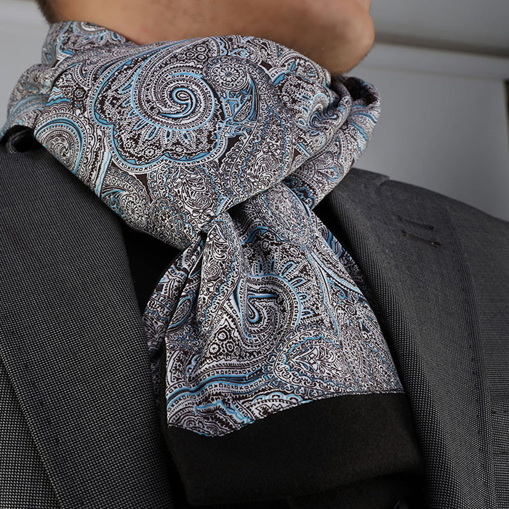 Unisex Gray Blue Paisley Soft Fashion Dress Scarves for Winter Made of Silk Blend - Amedeo Exclusive