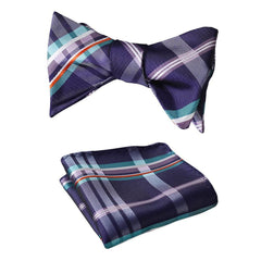 Men's Purple Aqua Orange Check Bow Tie & Pocket Handkerchief - Identical 99 - Amedeo Exclusive