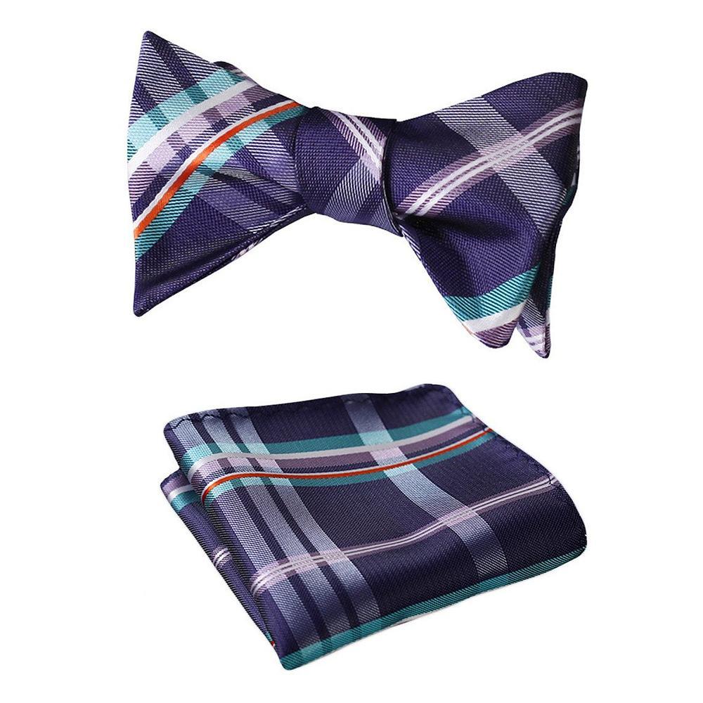 Men's Purple Aqua Orange Check Bow Tie & Pocket Handkerchief - Identical 21 - Amedeo Exclusive