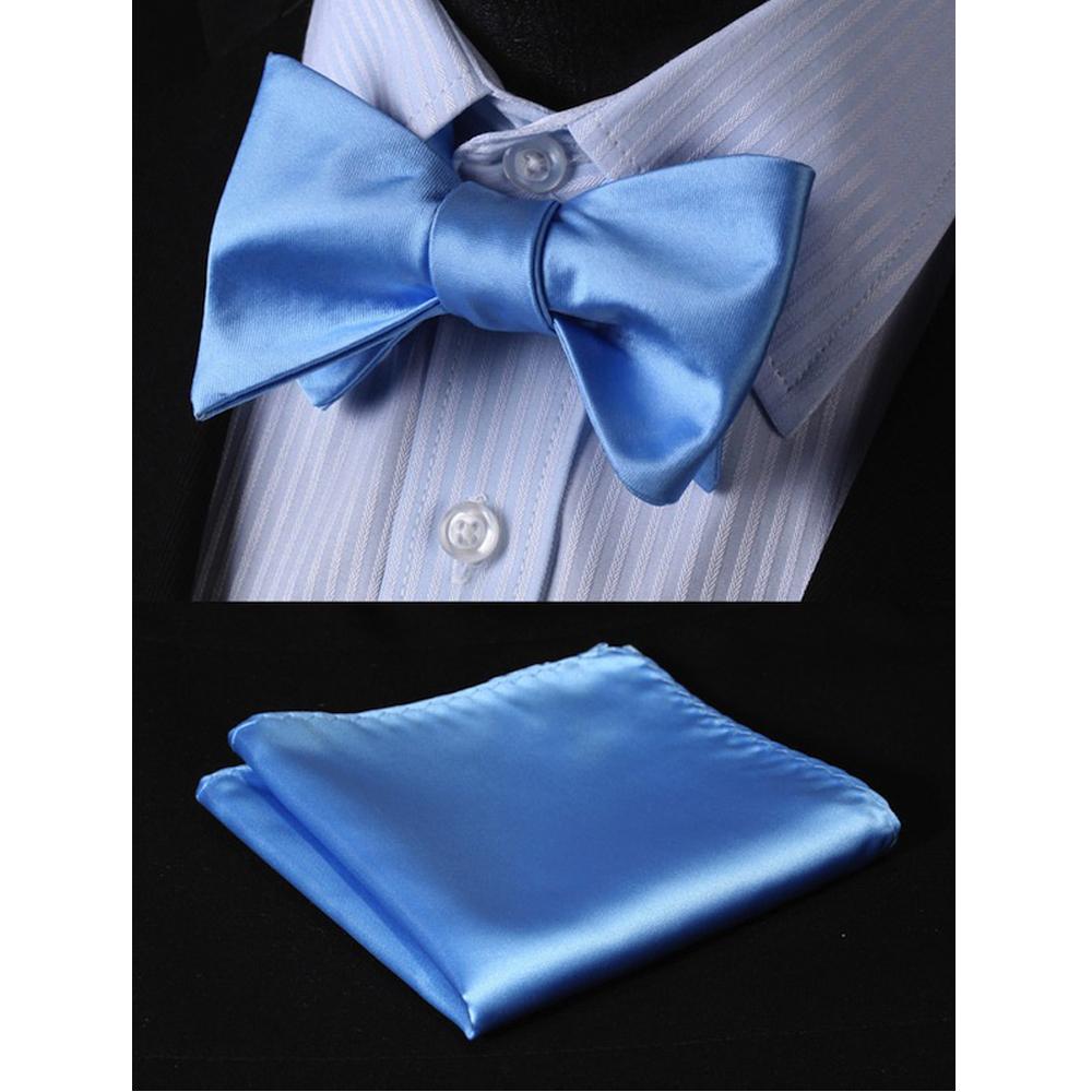 Baby Blue Mens Silk Self tie Bow Tie with Pocket Squares Set - Amedeo Exclusive