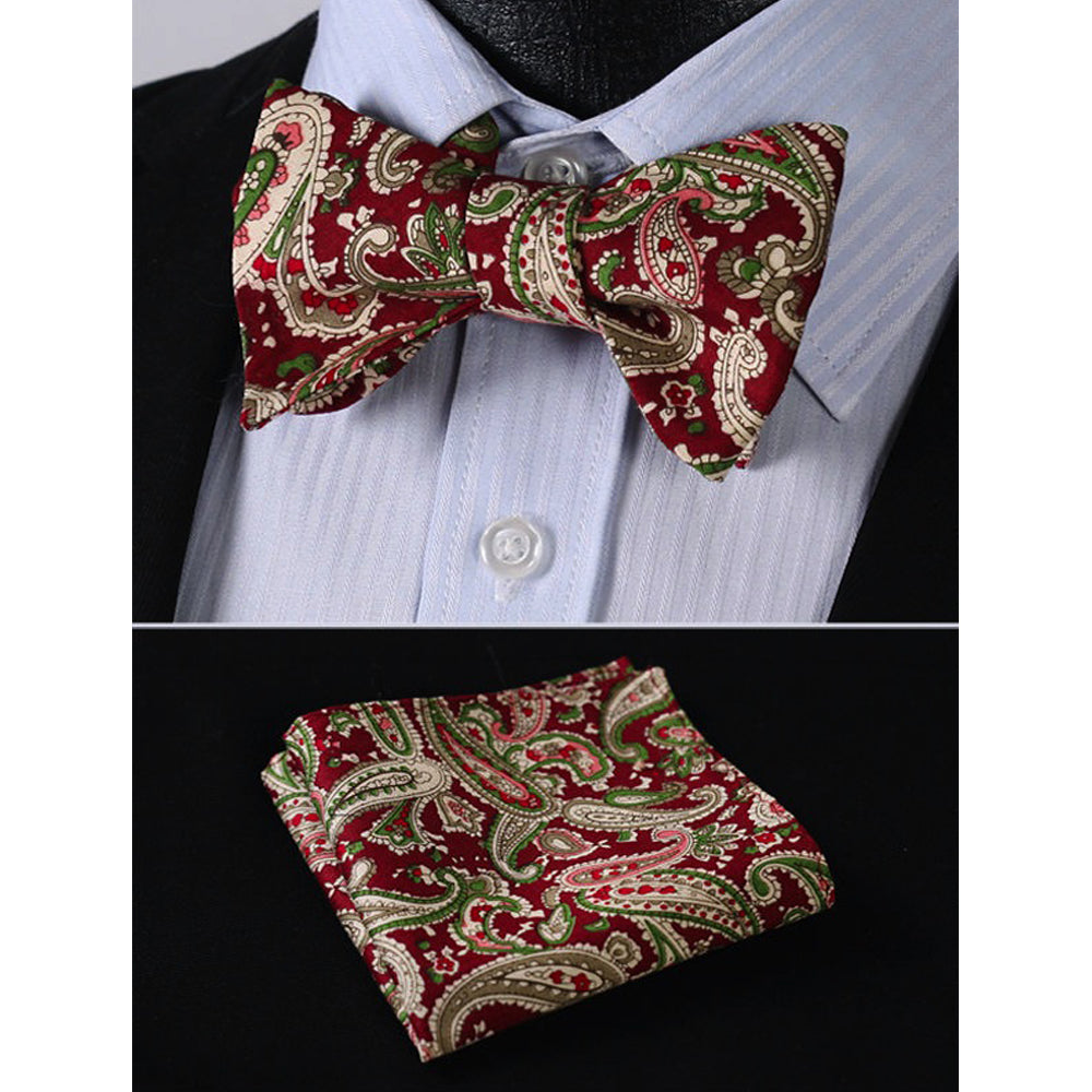 Burgundy Green Paisley Mens Silk Self tie Bow Tie with Pocket Squares Set - Amedeo Exclusive