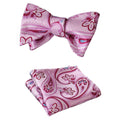 Men's Pink Blue Paisley Silk Self Bow Tie Handkerchief - Amedeo Exclusive