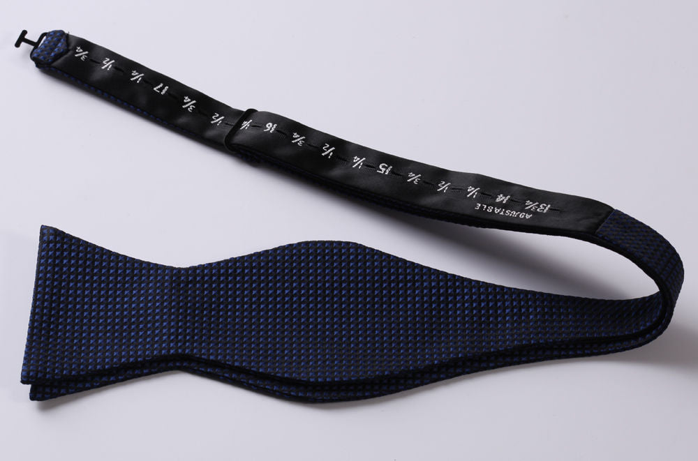 Navy Blue Check Mens Silk Self tie Bow Tie with Pocket Squares Set - Amedeo Exclusive
