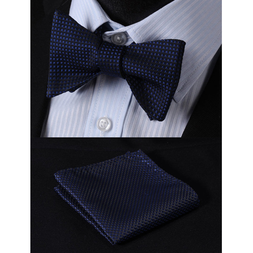 Navy Blue Check Mens Silk Self tie Bow Tie with Pocket Squares Set - Amedeo Exclusive