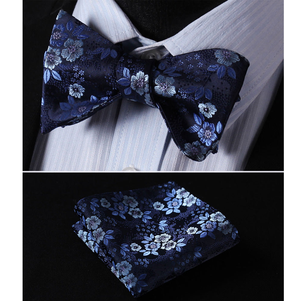 Floral Mens Silk Self tie Bow Tie with Pocket Squares Set - Amedeo Exclusive