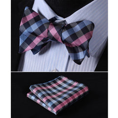 Pink Blue Mens Silk Self tie Bow Tie with Pocket Squares Set - Amedeo Exclusive