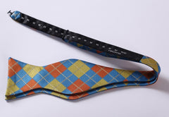 Men's Olive Orange Blue Check Silk Self Bow Tie With Handkerchief - Amedeo Exclusive
