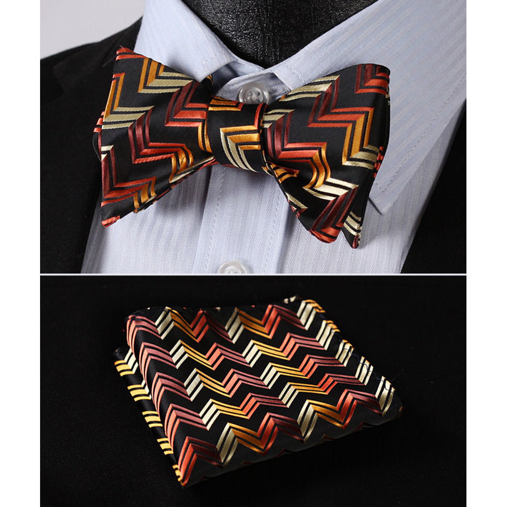 Orange Black Stripe Mens Silk Self tie Bow Tie with Pocket Squares Set - Amedeo Exclusive