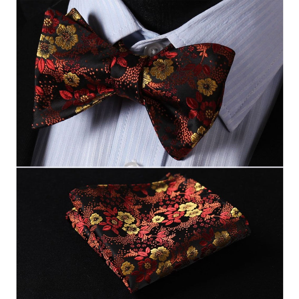 Men's Silk Orange Floral Self  Bow Tie Pocket Handkerchief - Amedeo Exclusive