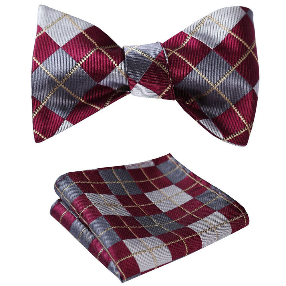 Burgundy Gray check Mens Silk Self tie Bow Tie with Pocket Squares Set - Amedeo Exclusive