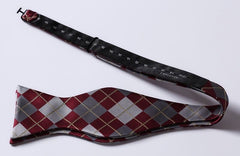 Burgundy Gray check Mens Silk Self tie Bow Tie with Pocket Squares Set - Amedeo Exclusive