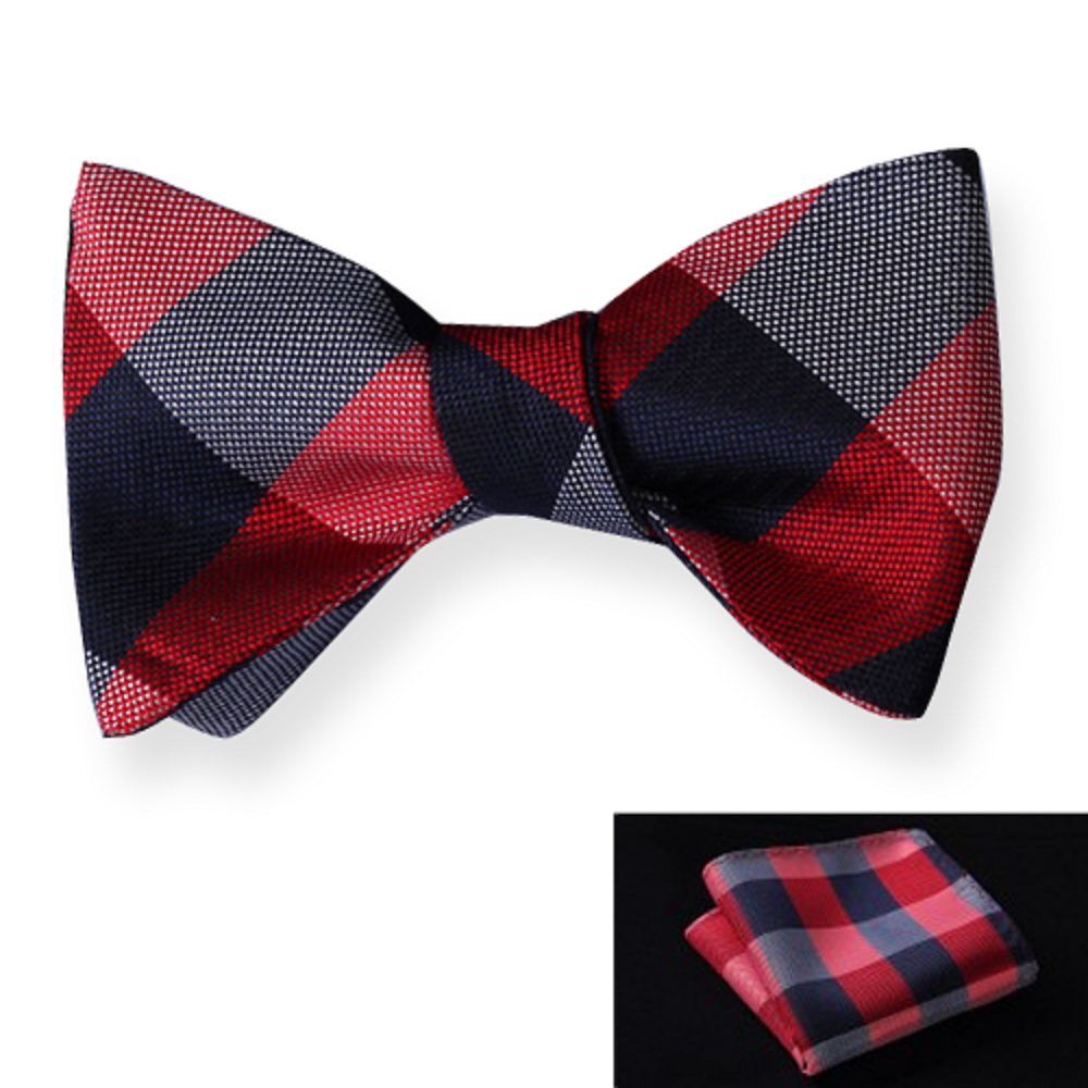 Red Navy Check Mens Silk Self tie Bow Tie with Pocket Squares Set - Amedeo Exclusive