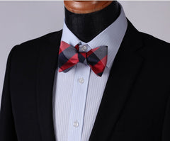 Red Navy Check Mens Silk Self tie Bow Tie with Pocket Squares Set