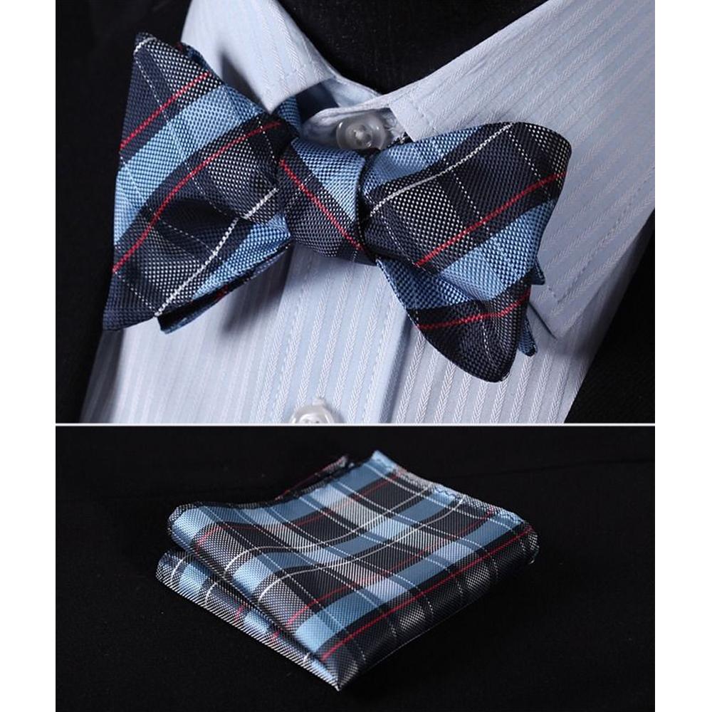 Blue Red Check Mens Silk Self tie Bow Tie with Pocket Squares Set - Amedeo Exclusive