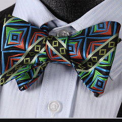 Blue Green Check Mens Silk Self tie Bow Tie with Pocket Squares Set - Amedeo Exclusive