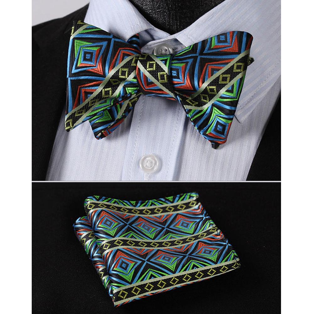 Blue Green Check Mens Silk Self tie Bow Tie with Pocket Squares Set - Amedeo Exclusive