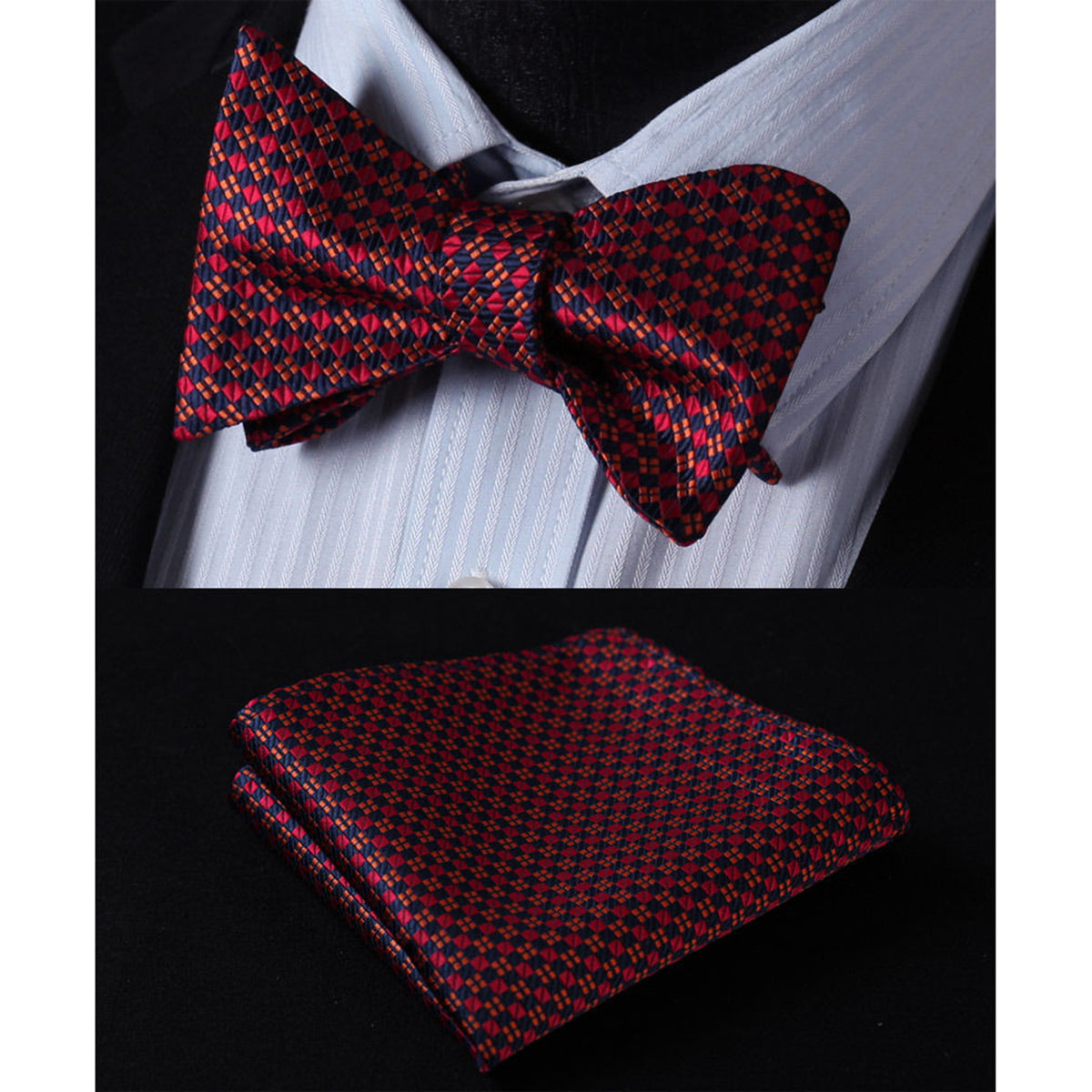 Men's Silk Orange Blue Check Self  Bow Tie Pocket Handkerchief - Amedeo Exclusive