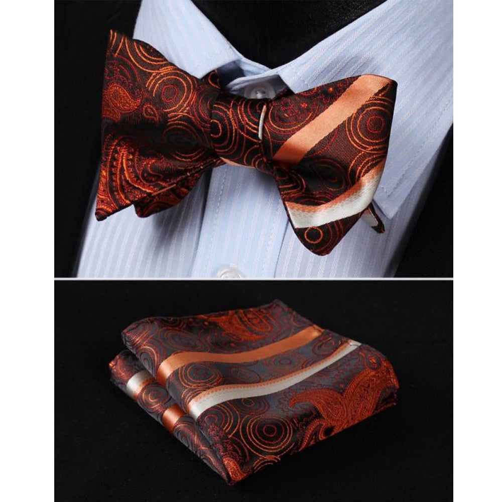 Men's Silk Orange Paisley Stripe Self  Bow Tie Pocket Handkerchief - Amedeo Exclusive