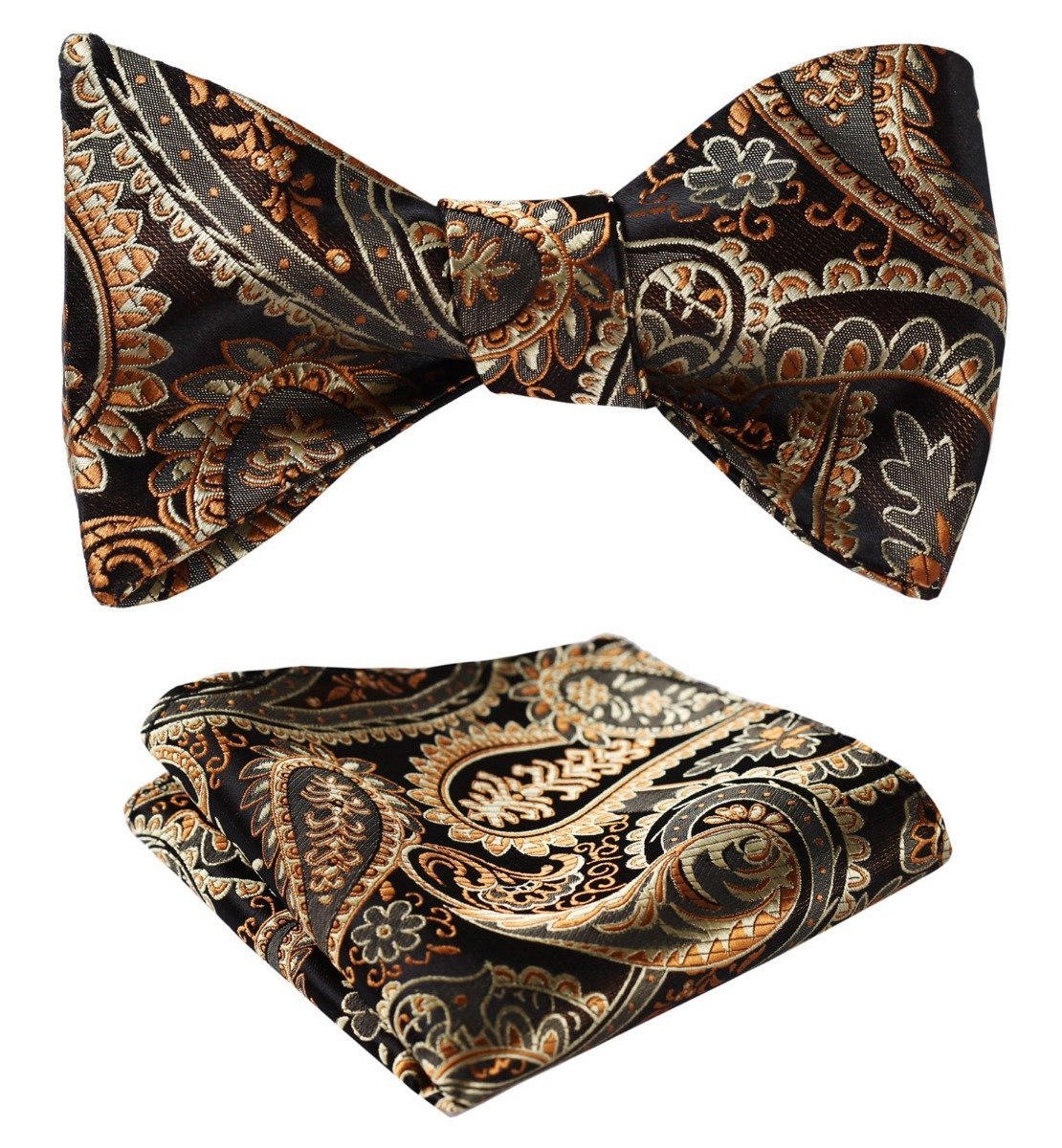 Men's Silk Gold Paisley Floral Self  Bow Tie Pocket Handkerchief - Amedeo Exclusive