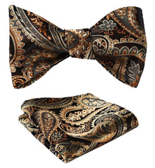 Men's Silk Gold Paisley Floral Self  Bow Tie Pocket Handkerchief - Amedeo Exclusive