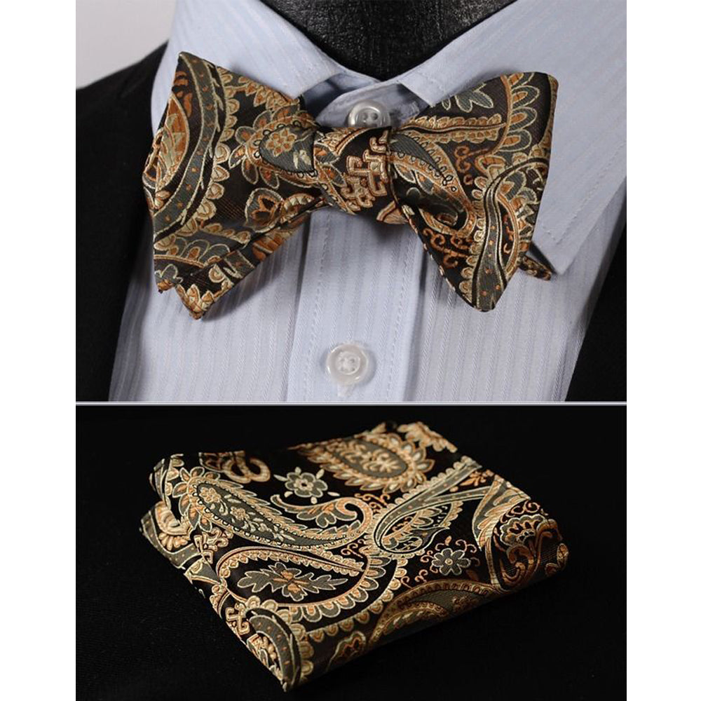 Men's Silk Gold Paisley Floral Self  Bow Tie Pocket Handkerchief - Amedeo Exclusive