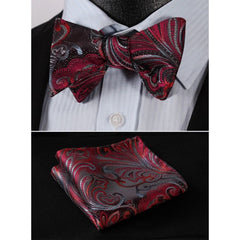 Men's Silk Red Gray Floral Self  Bow Tie Pocket Handkerchief - Amedeo Exclusive