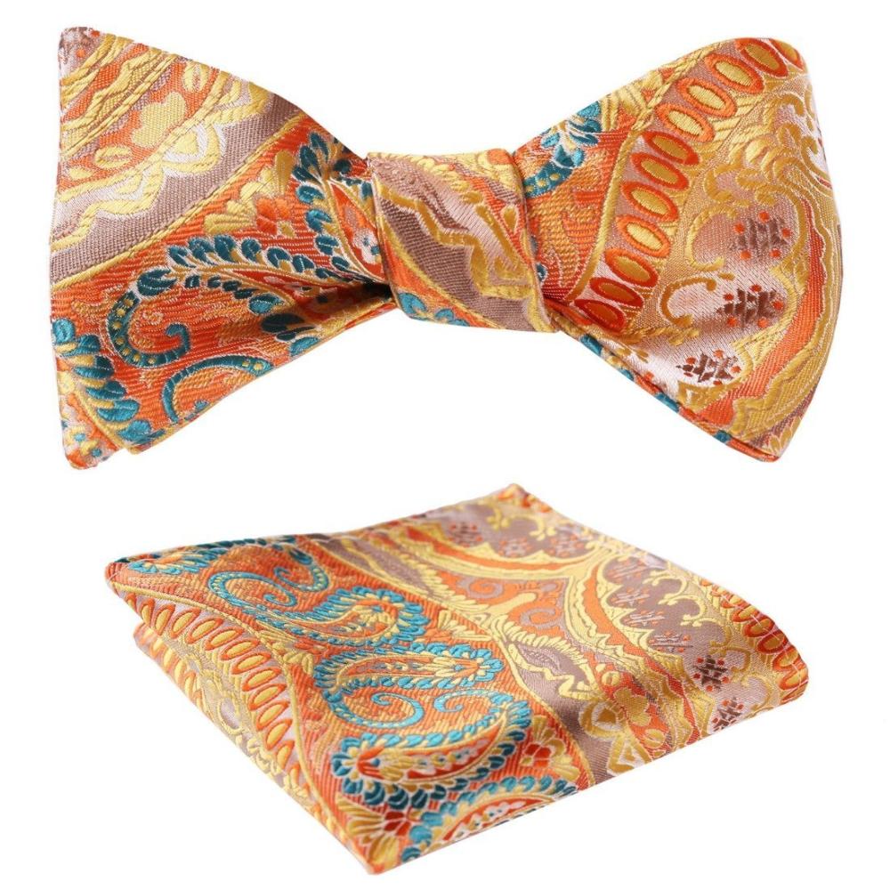 Orage Green Paisley Mens Silk Self tie Bow Tie with Pocket Squares Set - Amedeo Exclusive