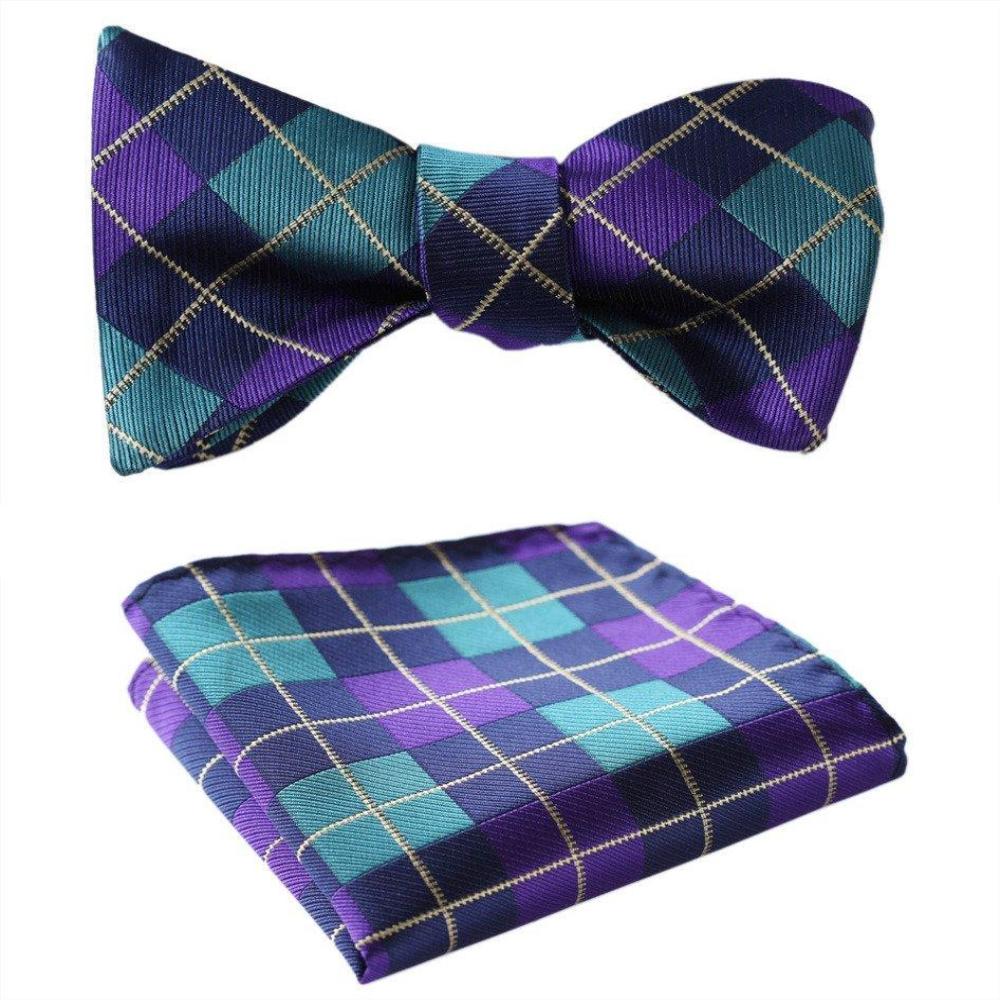 Men's Silk Aqua Purple Check Self Bow Tie Handkerchief - Amedeo Exclusive