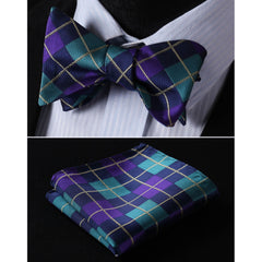 Men's Silk Aqua Purple Check Self Bow Tie Handkerchief - Amedeo Exclusive