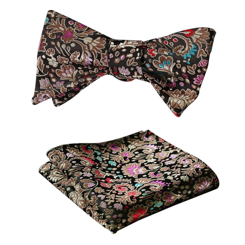 Men's Silk Brown Pink Floral Self Bow Tie Handkerchief - Amedeo Exclusive