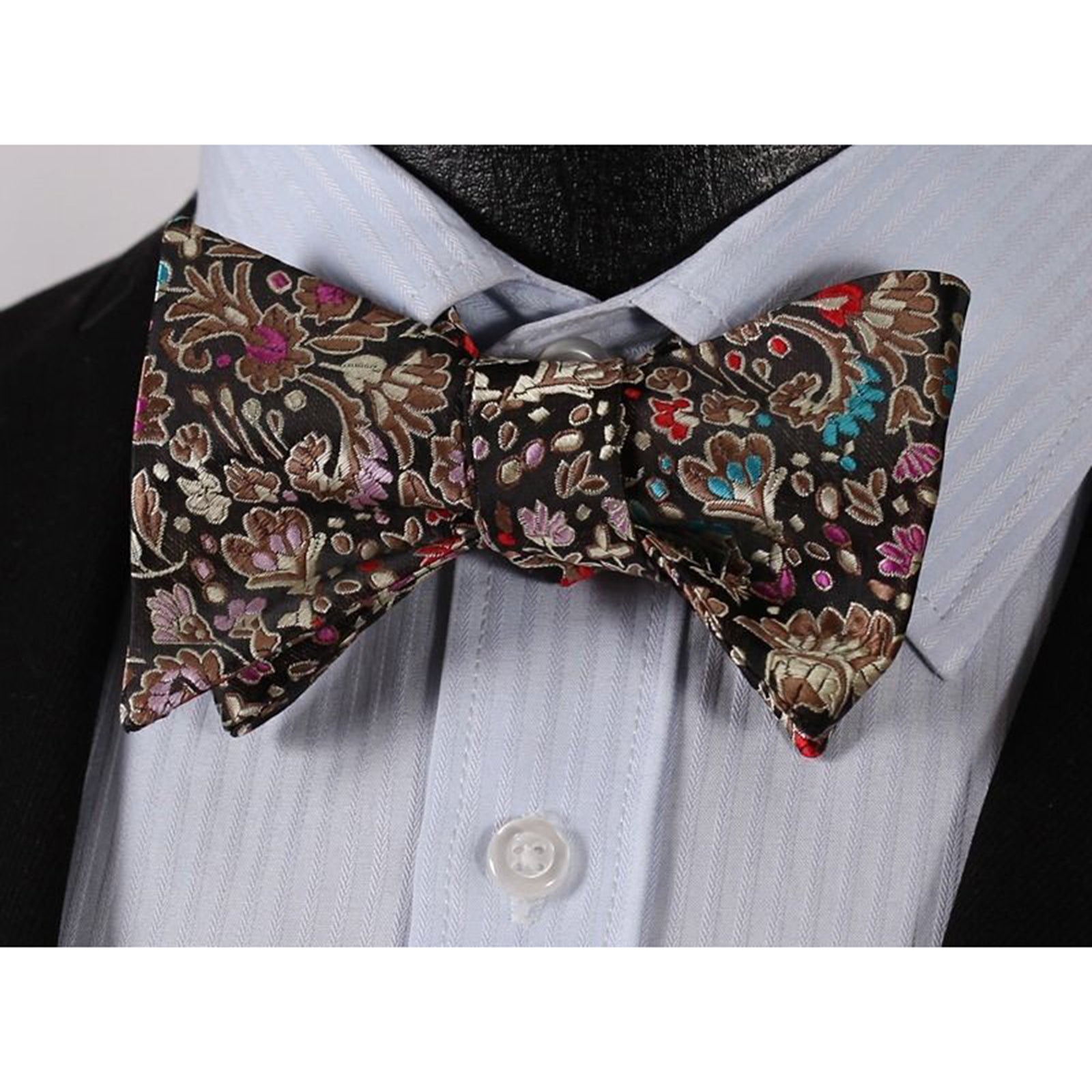 Men's Silk Brown Pink Floral Self Bow Tie Handkerchief - Amedeo Exclusive
