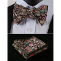 Men's Silk Brown Pink Floral Self Bow Tie Handkerchief - Amedeo Exclusive