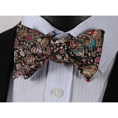Men's Silk Brown Pink Floral Self Bow Tie Handkerchief - Amedeo Exclusive