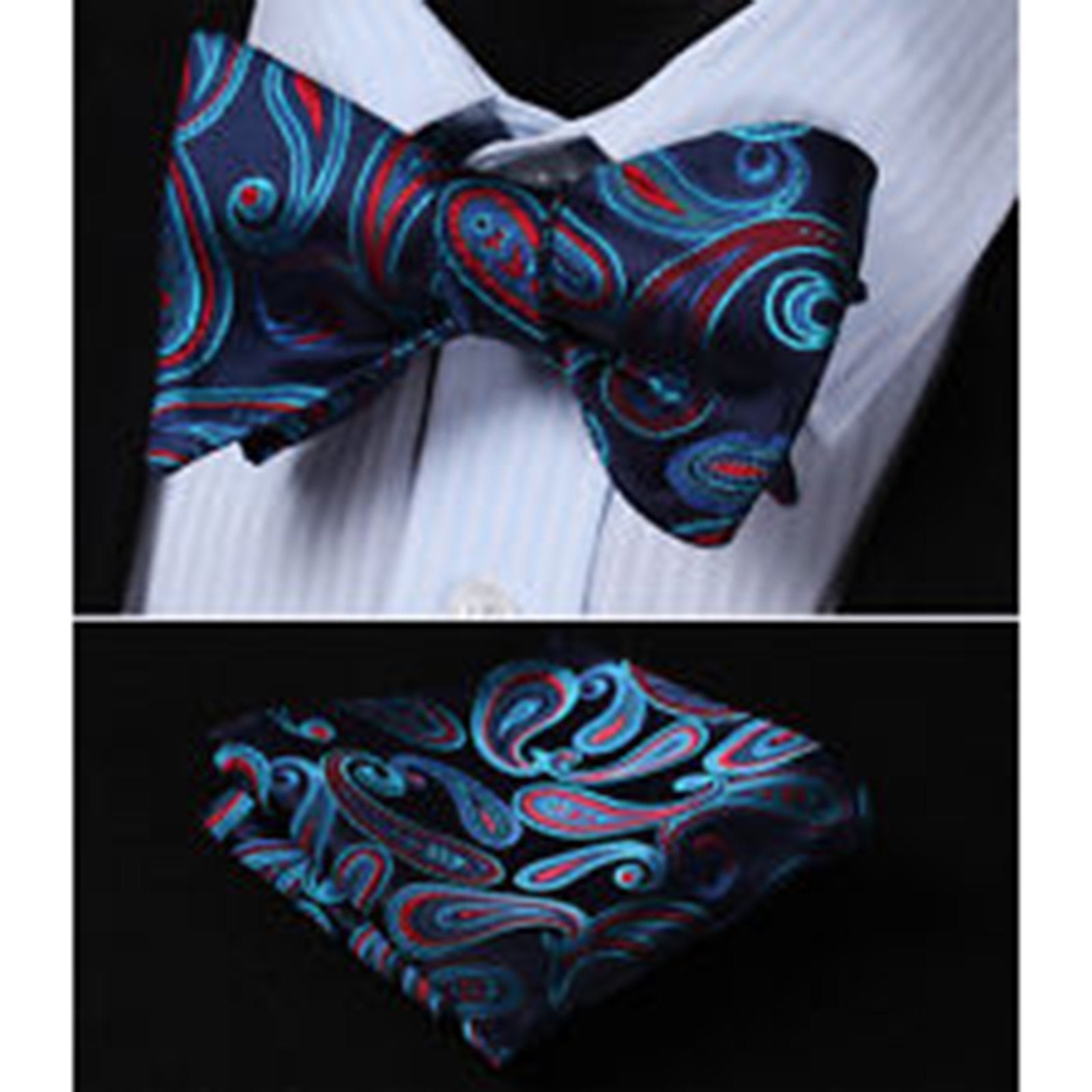 Blue Red Paisley Mens Silk Self tie Bow Tie with Pocket Squares Set - Amedeo Exclusive