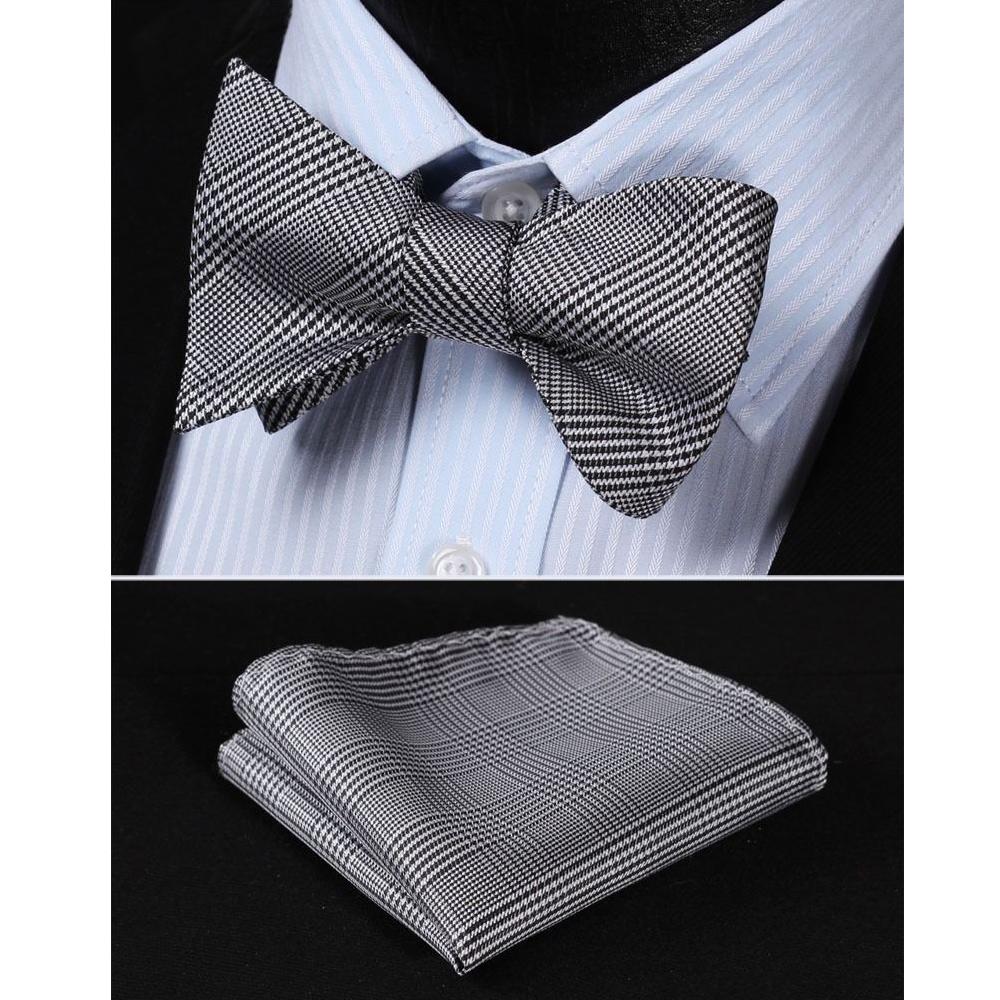 Men's Silk Black White Check Self  Bow Tie Pocket Handkerchief - Amedeo Exclusive