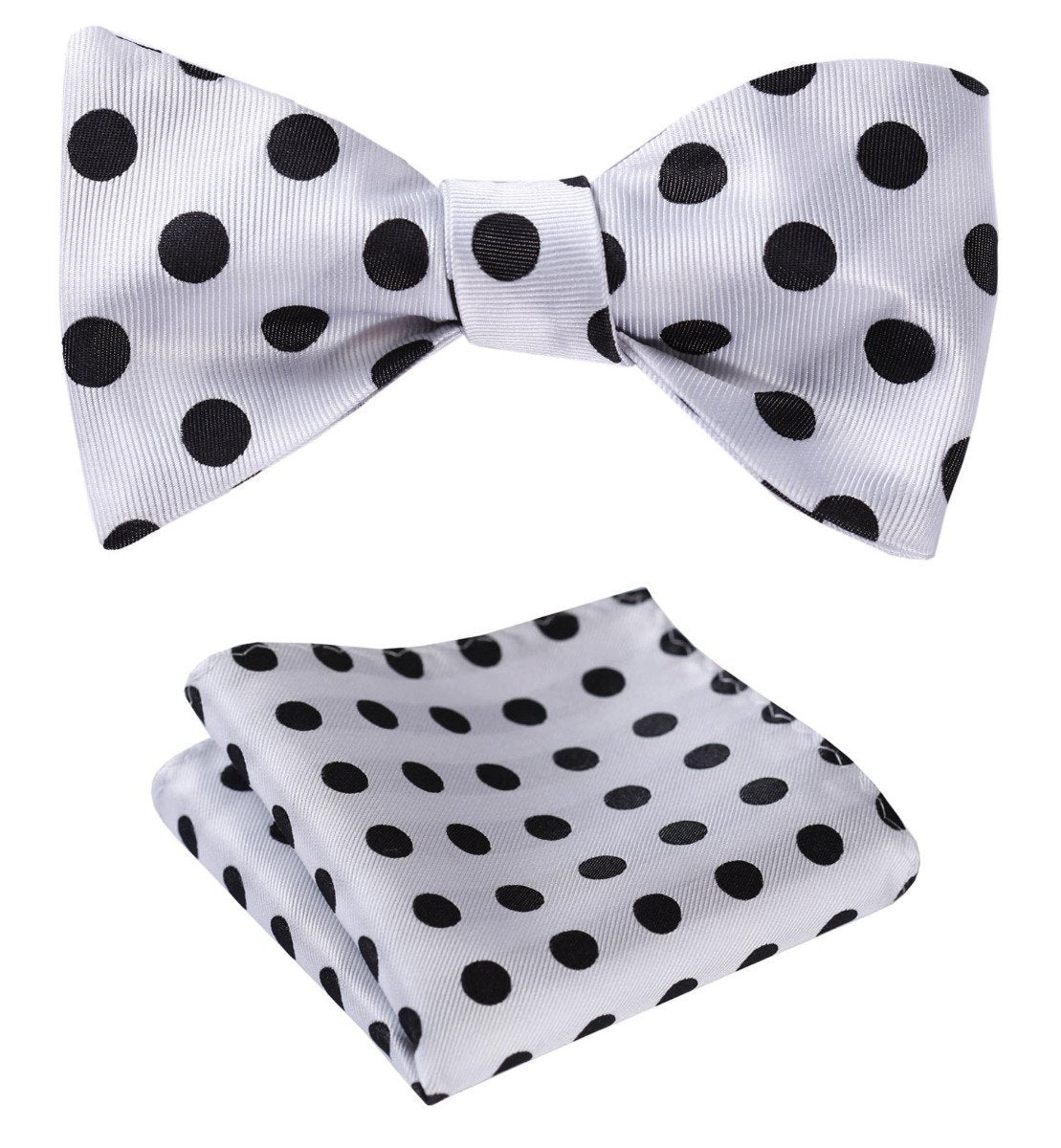 White & Black Mens Silk Self tie Bow Tie with Pocket Squares Set - Amedeo Exclusive