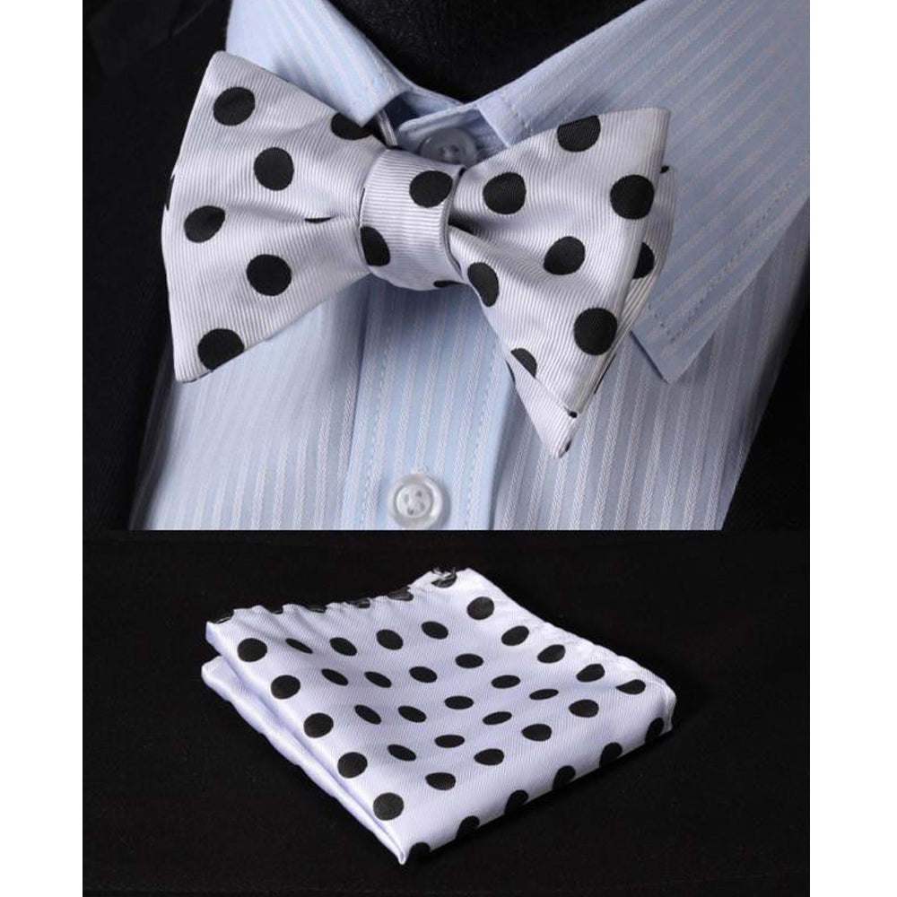 White & Black Mens Silk Self tie Bow Tie with Pocket Squares Set - Amedeo Exclusive
