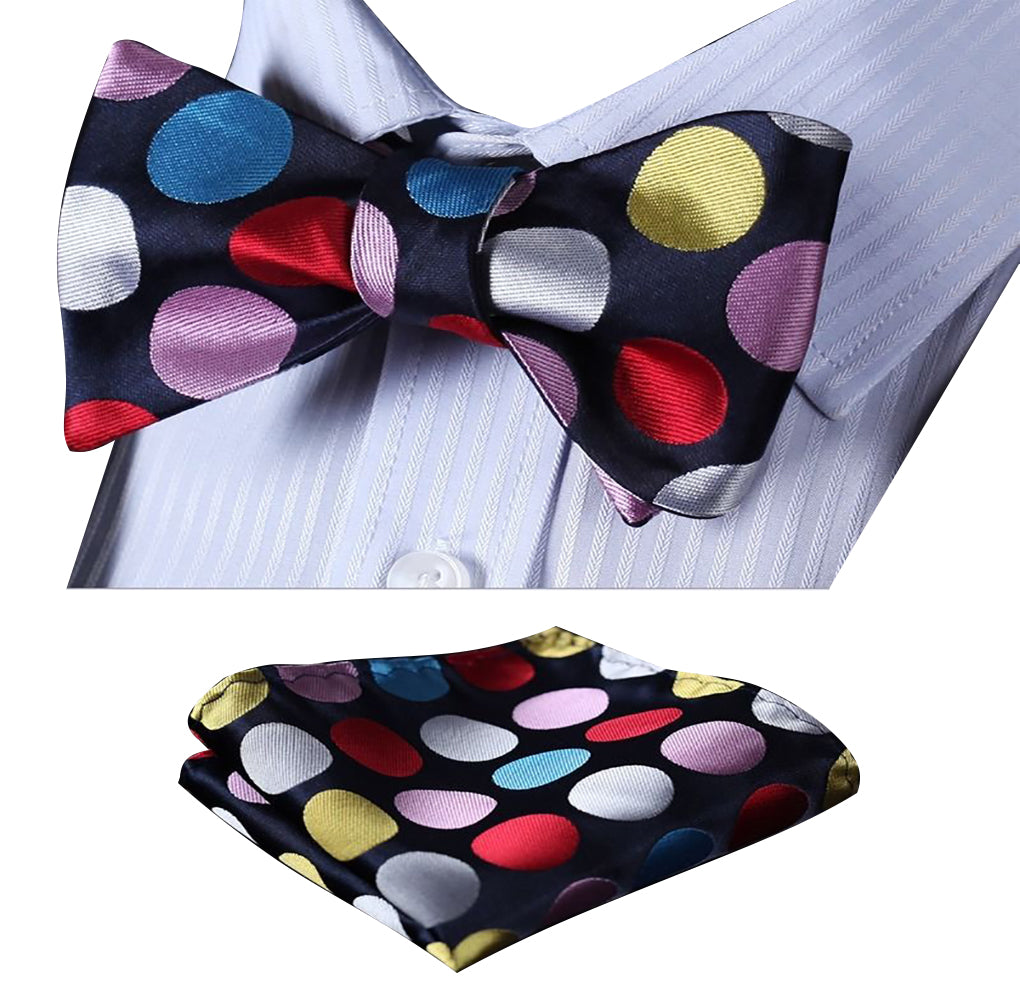 Multi Polka Dots Mens Silk Self tie Bow Tie with Pocket Squares Set - Amedeo Exclusive