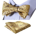 Gold Black Paisley Mens Silk Self tie Bow Tie with Pocket Squares Set - Amedeo Exclusive
