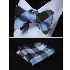 Men's Navy Blue Silk Self Bow Tie Matching Handkerchief - Amedeo Exclusive