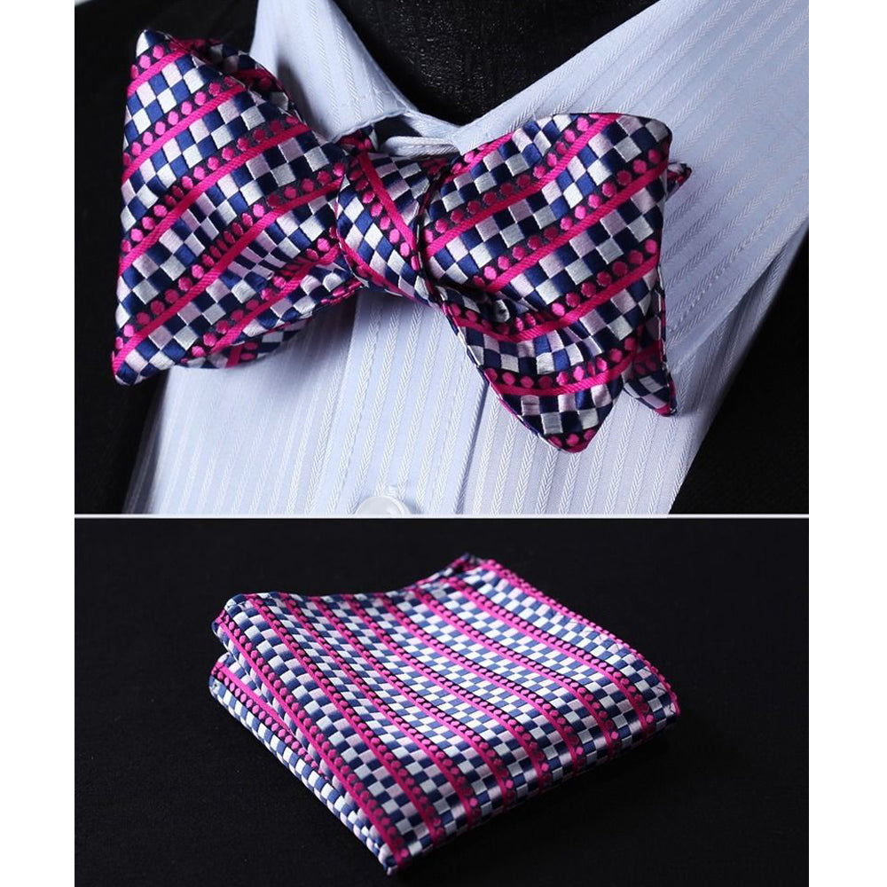Pink Blue Mens Silk Self tie Bow Tie with Pocket Squares Set - Amedeo Exclusive